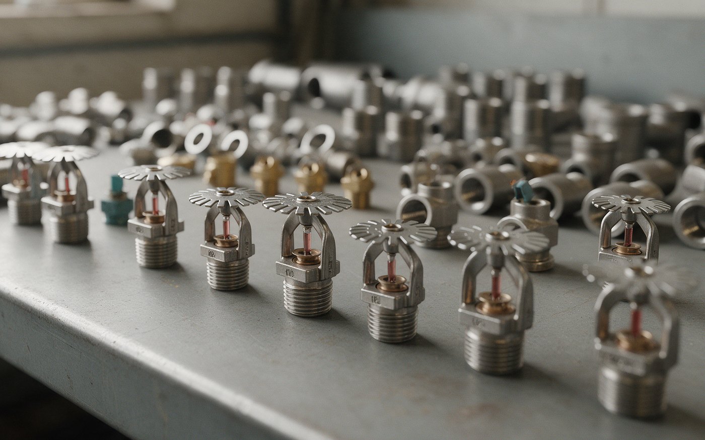 Fire sprinkler heads and pipe fittings laid out on a workshop bench.
