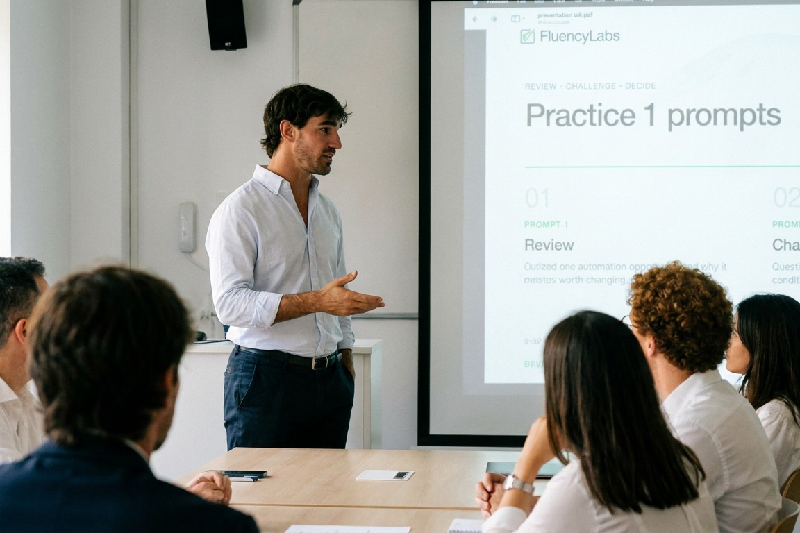 One of the team leading a Practical AI session, the slide behind him reading Practice 1 prompts.