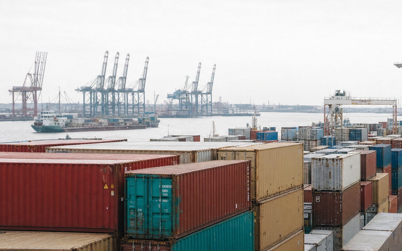 Stacks of shipping containers at a port, with cranes across the water.