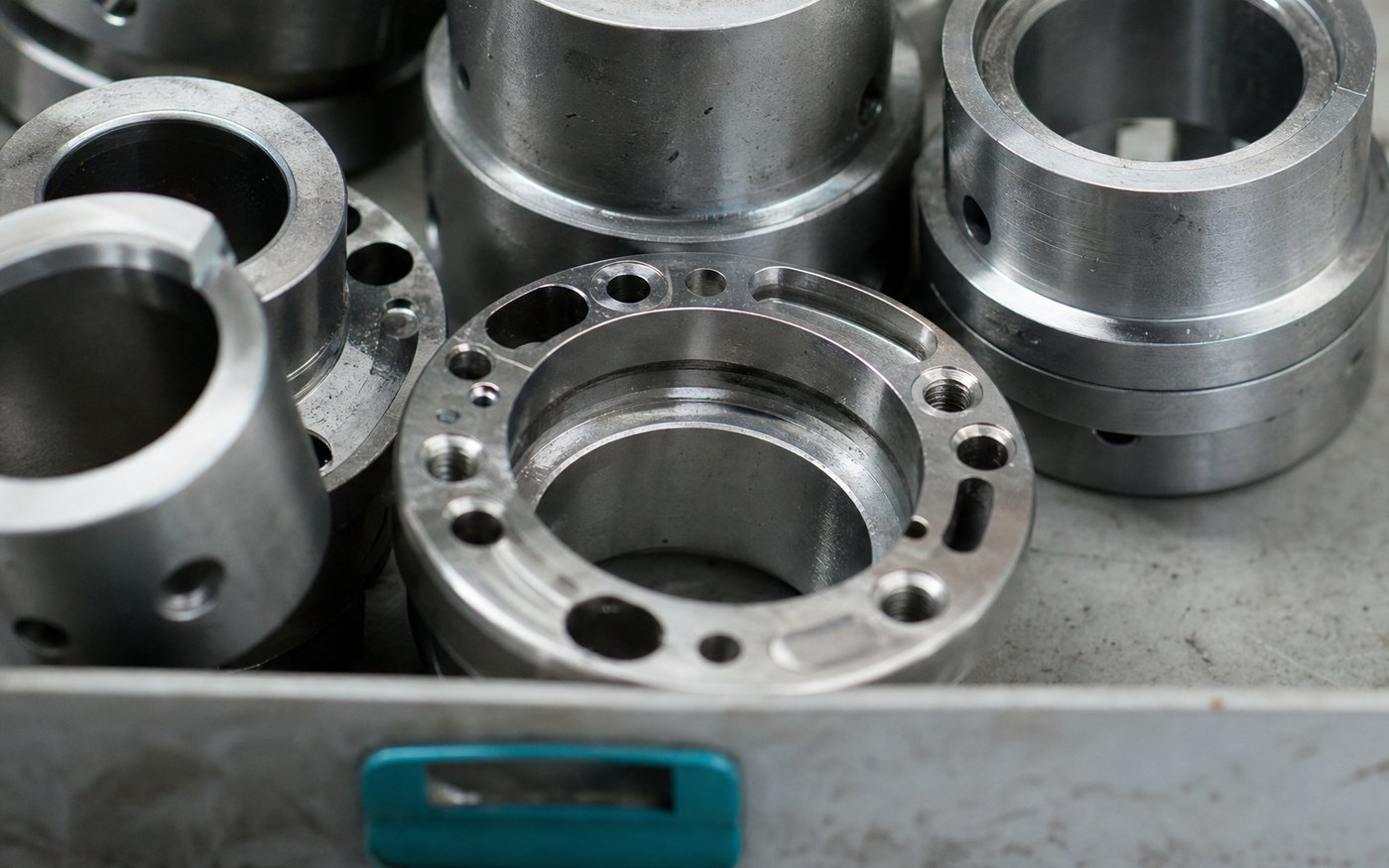 Machined steel rings on a workbench.